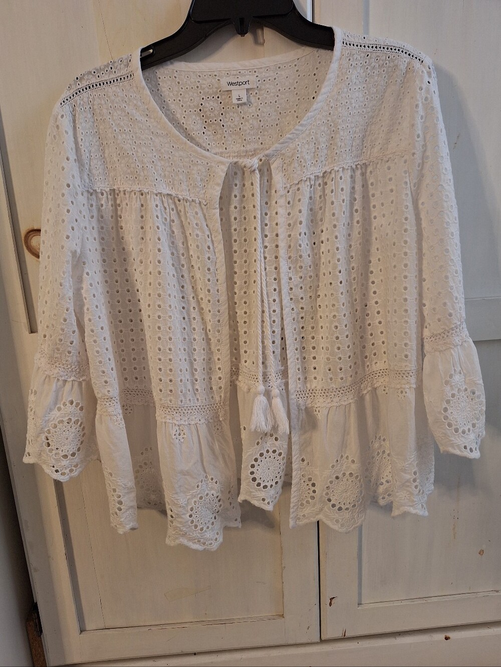 Westport L White Eyelet Open Jacket Top Blouse